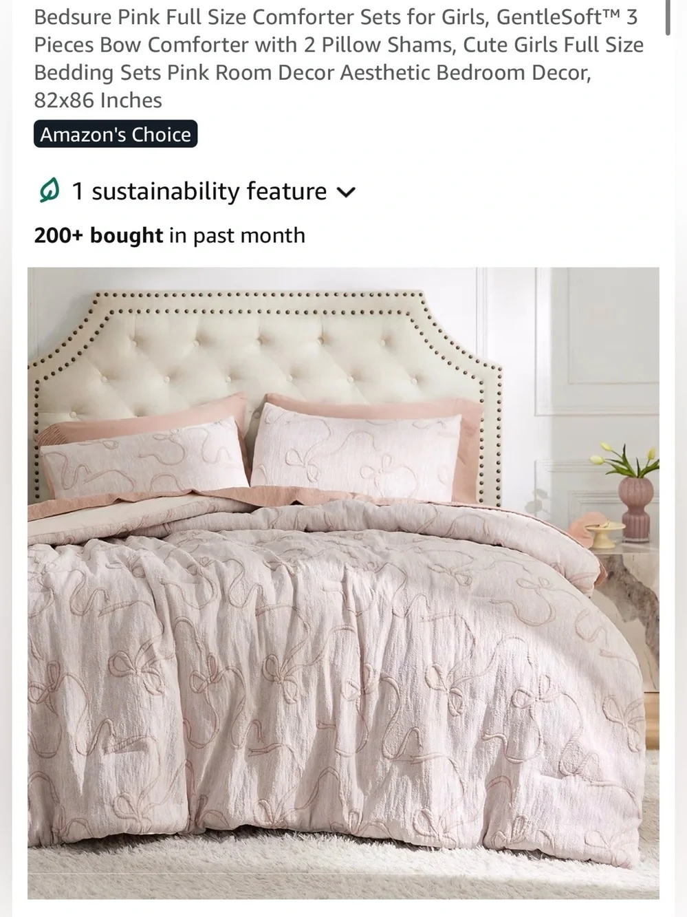 Blush Pink Quilted FULL Comforter Set - Elegant Bow Stitching NIB